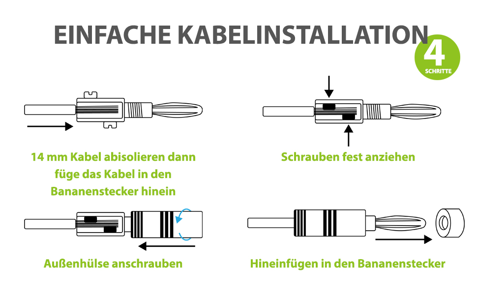 Bananstecker FosPower для акустичних кабелів: 2 пари (4 шт.) з покриттям 24K, для сабвуферів та стінних панелей. High-End