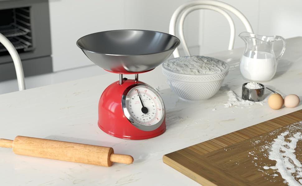 Кухонні ваги ETA Storio: аналогові, ретро-дизайн, металева чаша 2л, до 5кг, червоний колір