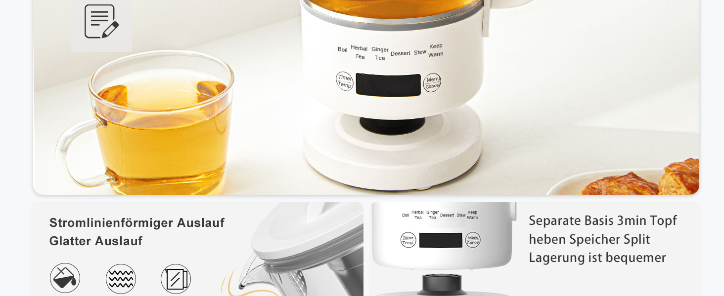 Електричний чайник Glas 0.6L, 500W, регулювання температури 40-75°C, таймер, сенсорне управління, BPA-free, компактний, для кухні/спальні/кемпінгу, для чаю/кави, білий