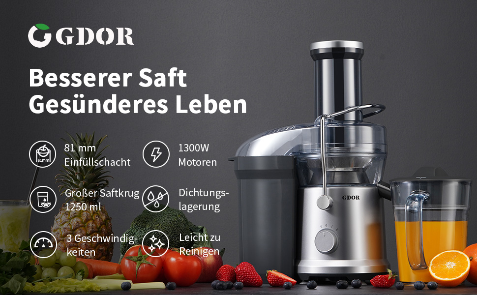 Шовковий екстрактор GDOR 1300W для овочів та фруктів: великий завантажувальний отвір 81 мм, 1250 мл, 3 швидкості, легке очищення, сріблястий
