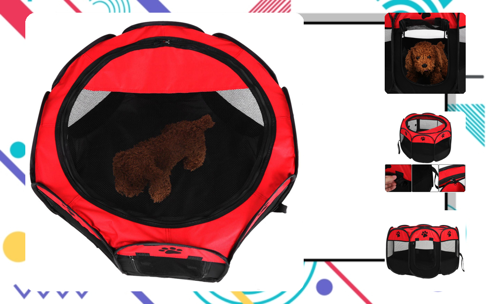 Клітка-манеж для домашніх тварин, автоматична, складна, знімний дах, для собак та котів, сітчаста тканина, захист від сонця, червона, 81 x 45 см