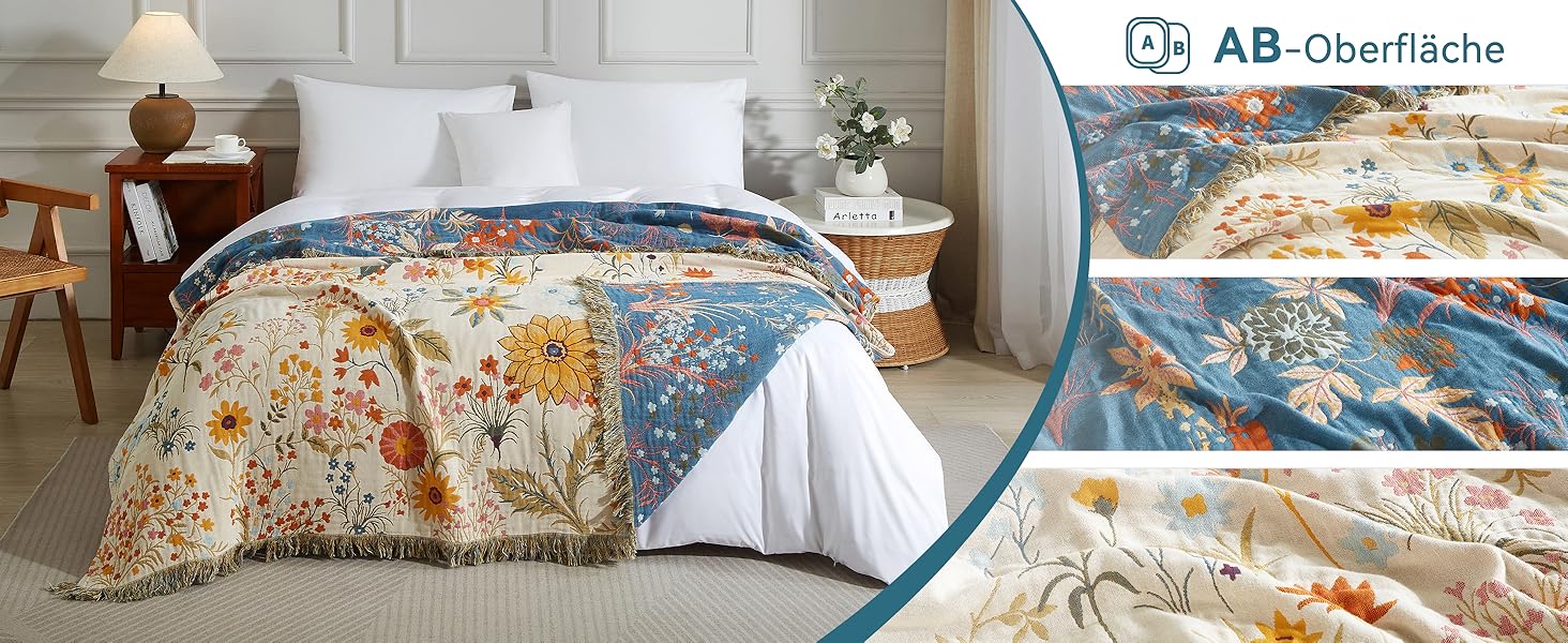 Богемна ковдра Boho 100% бавовна, м'яка ковдра з мусліну, плед 150x200 см, ковдра на диван та ліжко, декоративна ковдра, літня ковдра для вітальні, зелено-бежева (200 x 230 см, квітковий сад)