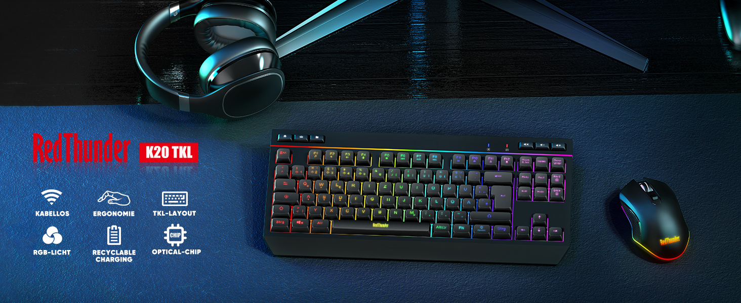 Бездротовий комплект клавіатури та миші RedThunder 75% QWERTZ RGB з підсвічуванням, для ПК Xbox PS5, чорний. Підтримка мультимедійних функцій та оптичний сенсор 7D.