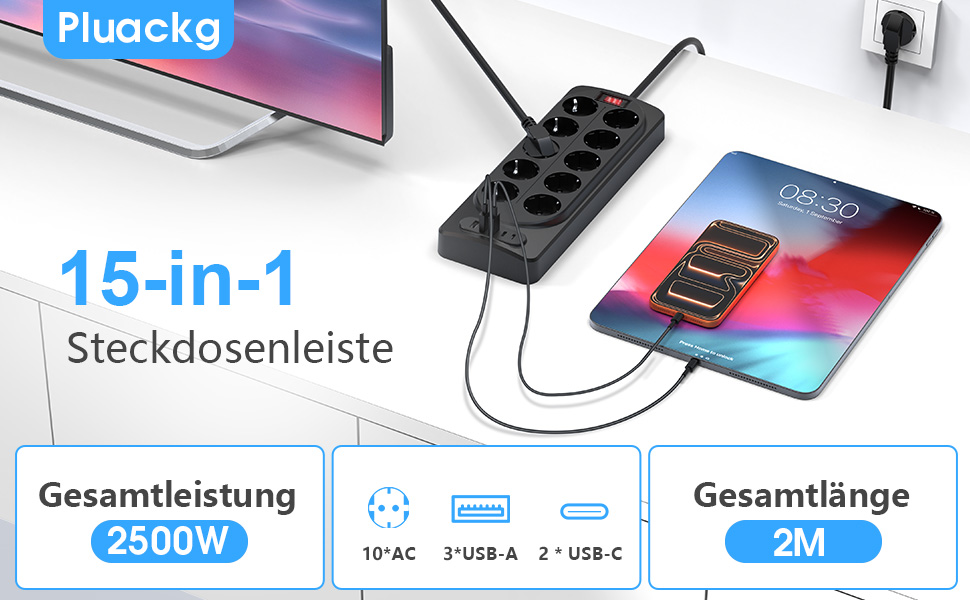 Мережевий фільтр 15-в-1 з USB-C: подовжувач на 10 розеток та 5 USB-портів (2 USB-C, 3 USB-A), захист від перенапруги, вимикач, кабель 2м, чорний