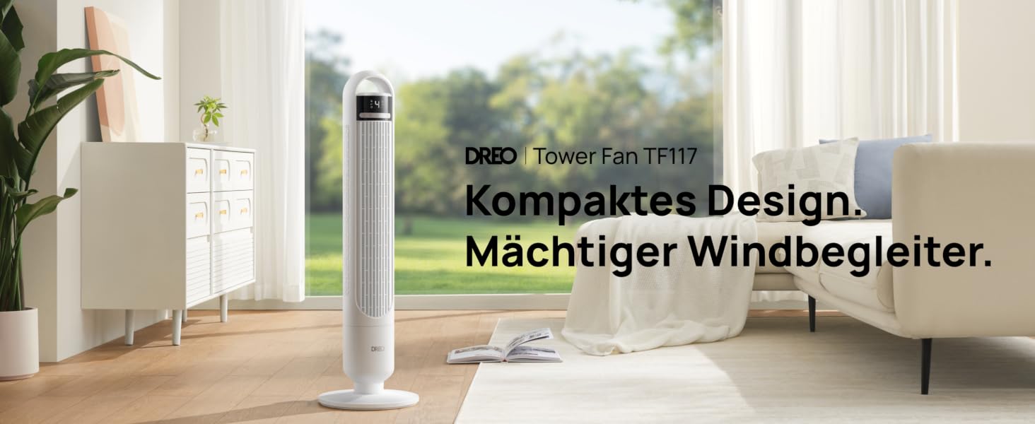 Колонний вентилятор DREO Leiser Turmventilator з дистанційним керуванням, 4 швидкості, 3 режими, 90° поворот, таймер 8г, білий, 91 см