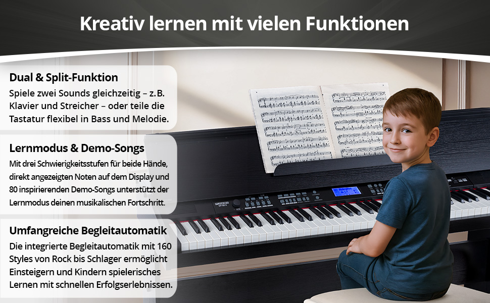 FunKey DP-88 II Цифрове піаніно: 88 клавіш, поліфонія 128, 360 звуків, 160 стилів, MP3-плеєр, функція навчання, запис та відтворення, 3 педалі, чорний колір