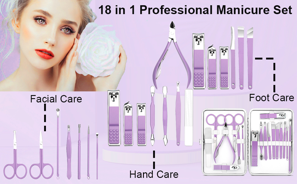 Набір для манікюру та педикюру професійний 18 предметів з кейсом (фіолетовий)