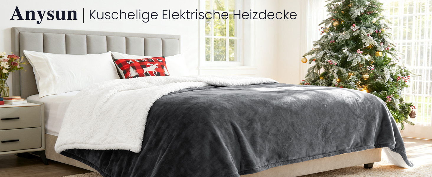 Електрична ковдра AnySun з підігрівом 180x130 см з автовимкненням, 6 режимів нагріву, таймер 10 годин, захист від перегріву, для ліжка, дивану, машинне прання, сіра