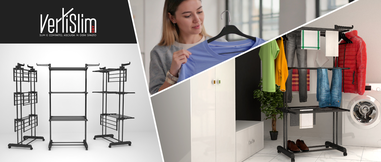 Сушарка для білизни VertiSlim складана, вежа з 4 рівнями, нержавіюча сталь, на колесах, чорна - для дому та вулиці