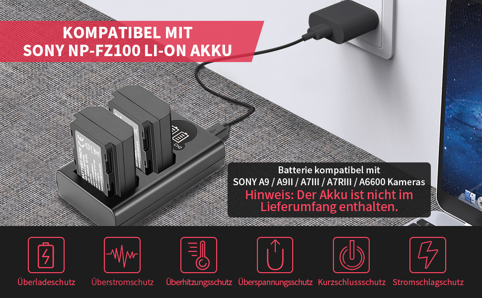 Зарядний пристрій NEEWER з двома USB роз'ємами, сумісний з акумуляторами Sony NP-FZ100 та камерами Sony ZV-E1, FX3, FX30, A1, A9 II, A7R V, A7S III, A7 IV, A6600, A7C. LCD дисплей, універсальні можливості заряджання DL-FZ100