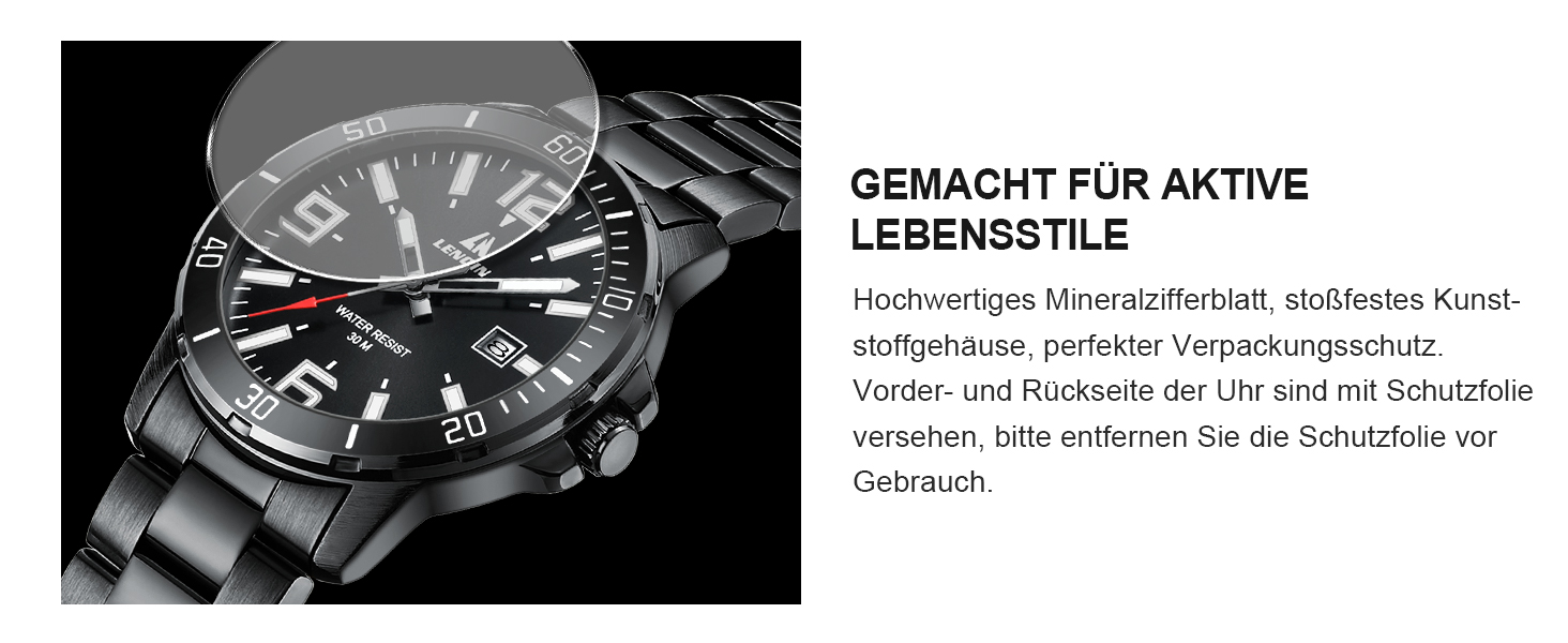 Годинник чоловічий LN LENQIN з нержавіючої сталі, водонепроникний, з датою, кварцовий, аналоговий, чорний, бізнес-стиль