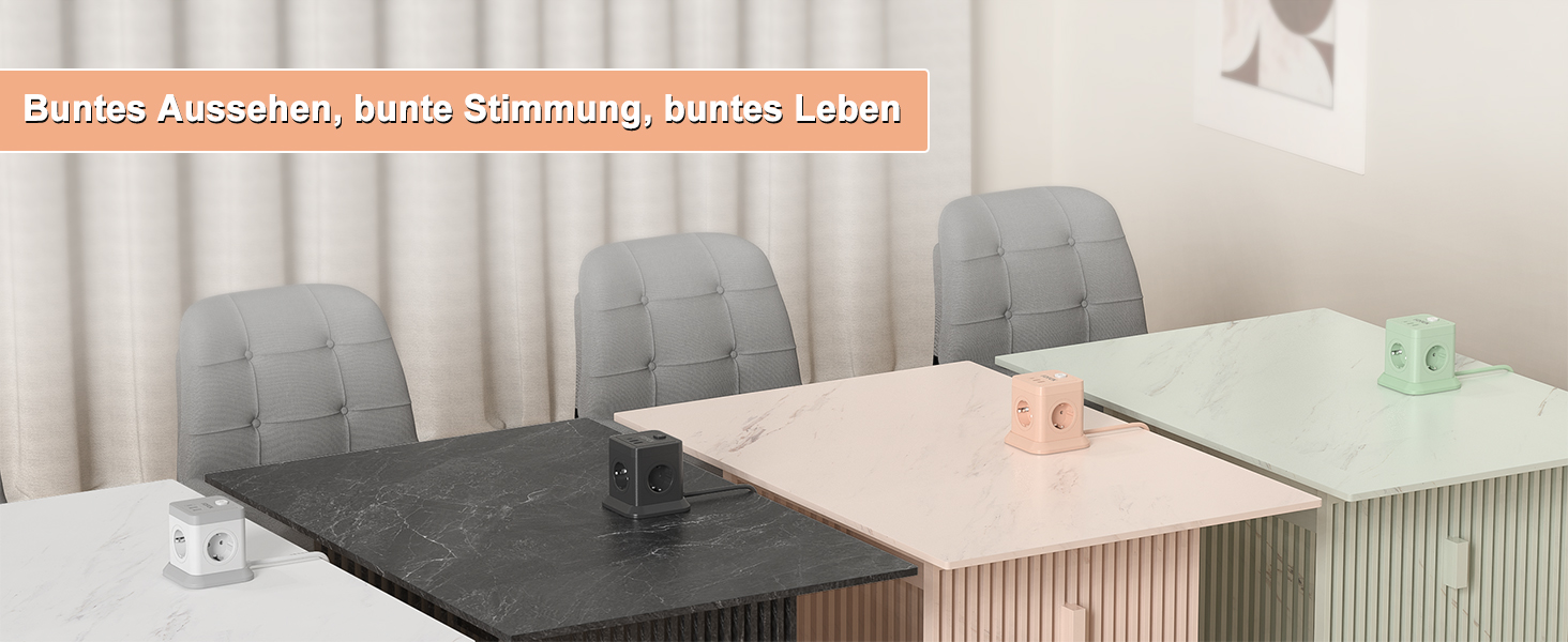 FDTEK Розетка-спінер з USB-C та USB-A, 7 розеток, 2500W/10A, з вимикачем, 1.8м кабель, рожевий