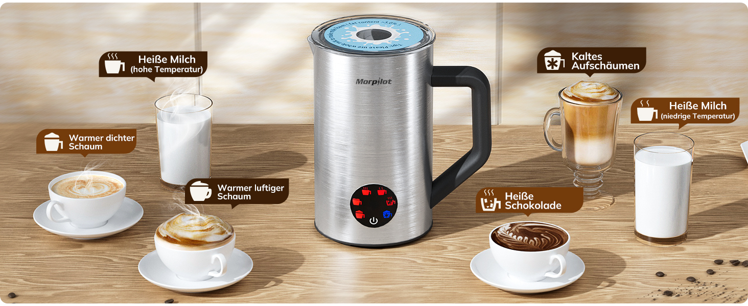 Електричний піногасник для молока Morpilot, 650W, нержавіюча сталь, 350мл, для гарячого та холодного молока, сумісний з посудомийною машиною