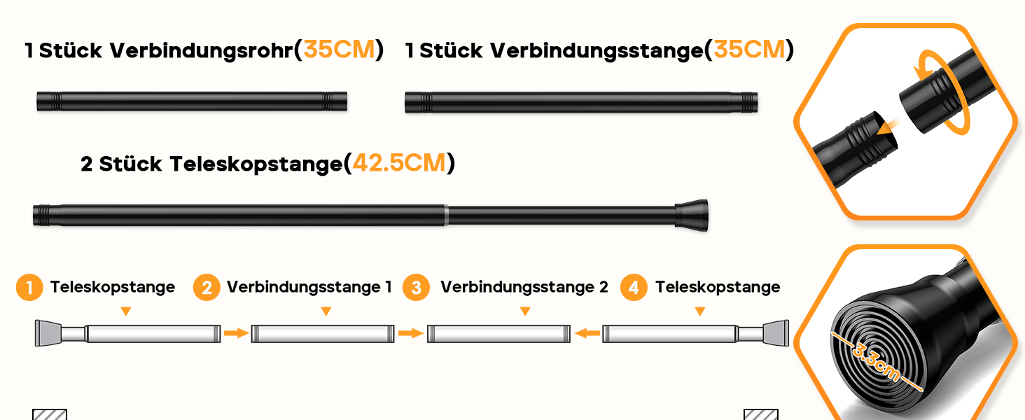 Тelescopic штанга для карнизів без свердління 120-200 см - для штор, душових перегородок, вікон, ванної кімнати (1 шт., чорний)