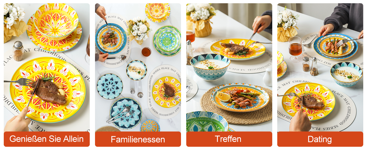 Набір посуду на 4 особи: 12-ти частинний сервіз з порцеляни, керамічний набір посуду, кольоровий дизайн, повний сервіз