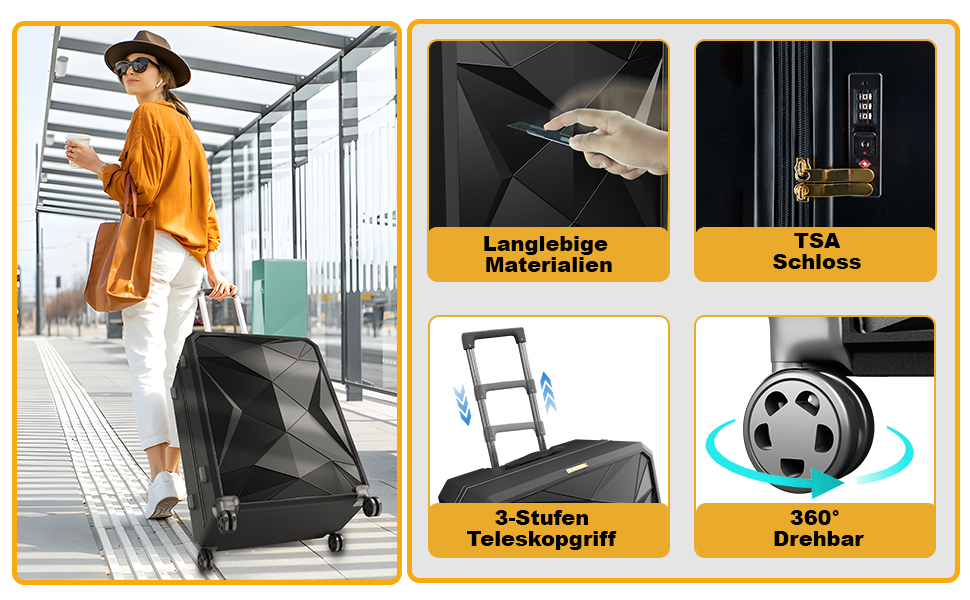 Набір валіз ONAIR 3 шт. (S, M, L) – чорний & золотий, водонепроникний корпус ABS з TSA-замком, тихі колеса, міцний, для подорожей