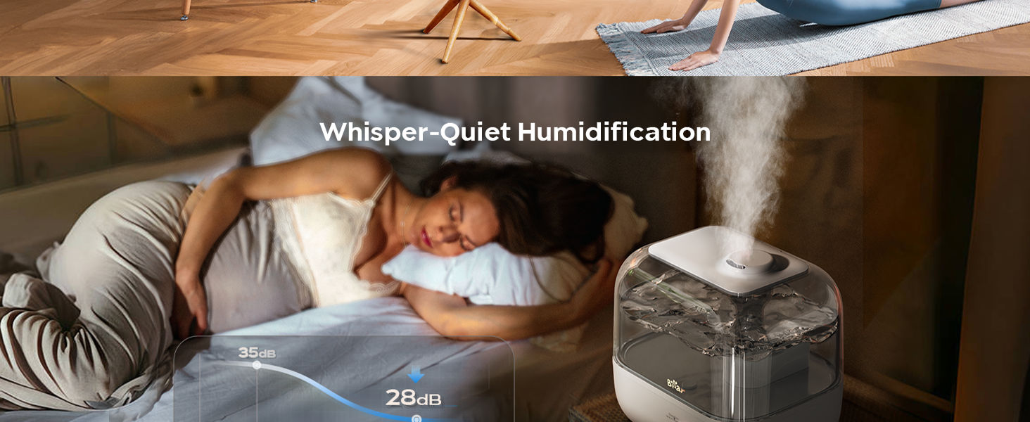 Зволожувач повітря BEAR 5L з верхнім наповненням, 360° регульована насадка, ультразвуковий, 28dB, для дітей та рослин, 35 годин роботи, з підсвічуванням, автовимкнення, білий