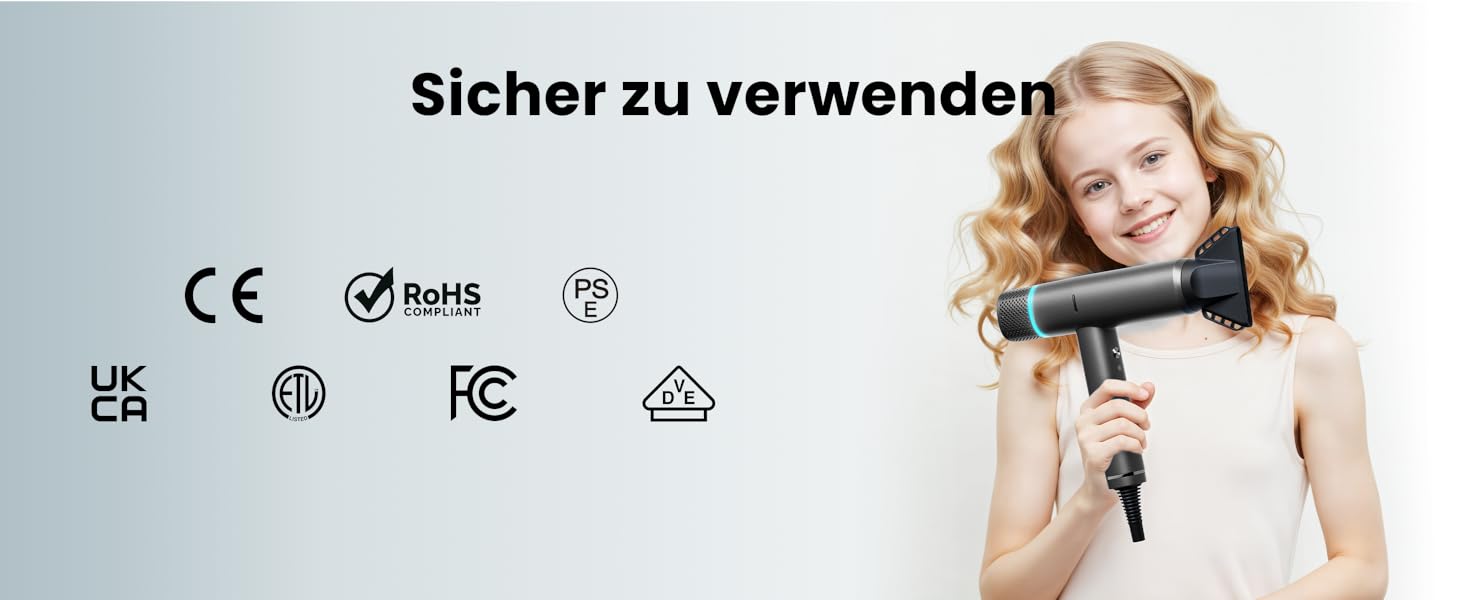 Іонізатор для волосся Föhn - високошвидкісний фен з насадкою-дифузором для жінок та чоловіків, 3 режими/2 швидкості, легкий, рівномірне тепло, тихий, чорний (сірий)