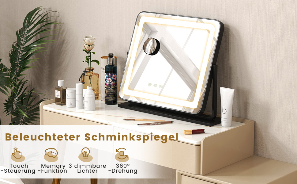 Дзеркало для макіяжу COSTWAY з підсвіткою, 3 режими світла, 5X збільшення, сенсорне керування, поворотне на 360°, 56x48 см