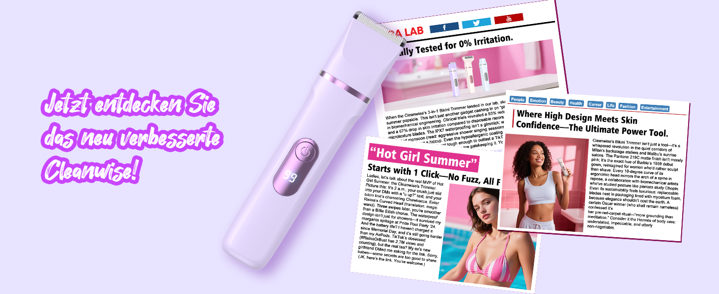 Електричний жіночий тример 3-в-1 для тіла та інтимної зони з LED-дисплеєм, USB-зарядка, IPX7, фіолетовий