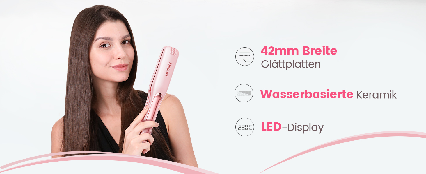 Dekuri 42mm Ceramic Hair Straightener & Curling Iron - Pink - Adjustable Temperature 120°C-230°C