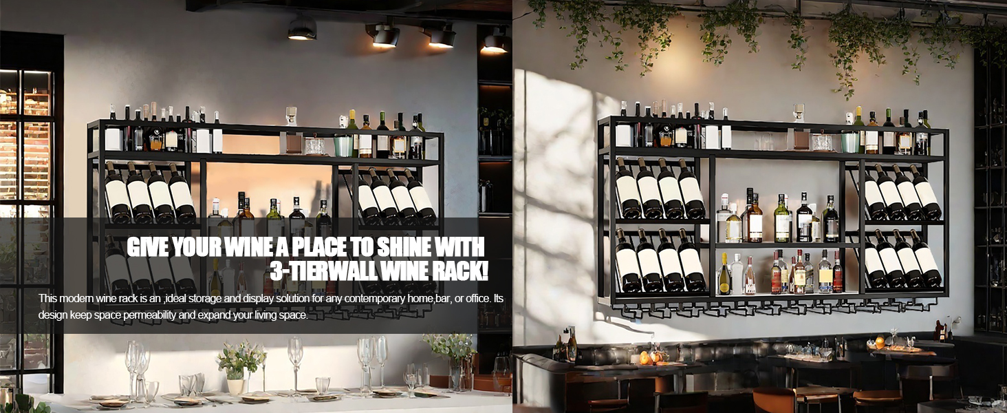Настінна вітрина для вина з тримачем для келихів, 3-ярусна, металева вітрина в стилі рустік для напоїв, для домашнього бару, зберігання вина на кухні (Чорний, 100см)