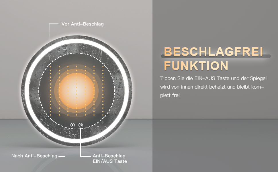 Дзеркало для ванної кімнати Dripex круглої форми з підсвічуванням LED, сенсорне керування, регулювання яскравості, 3 кольори світла, запобігання запотіванню, 60x60 см
