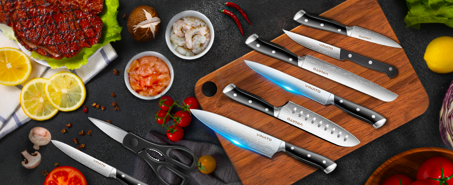 VINATO 14-Piece Knife Block Set with Sharpener - Damascus Pattern Kitchen Knife Set - Professional Chef's Knife Set, Black