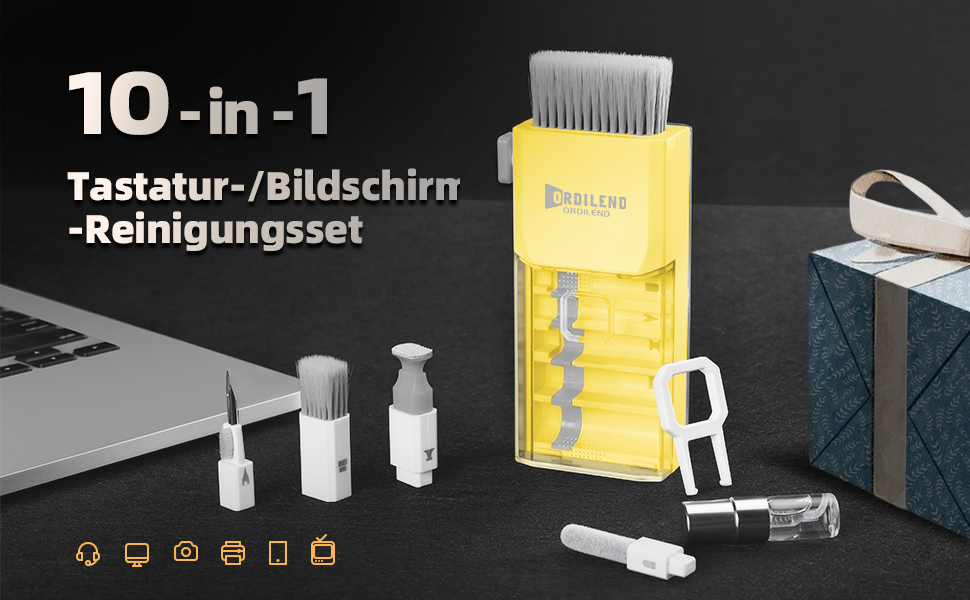 Набір для чищення клавіатури та гаджетів Ordilend: щітка, спрей для iPhone, iPad, ноутбука, ПК, монітора