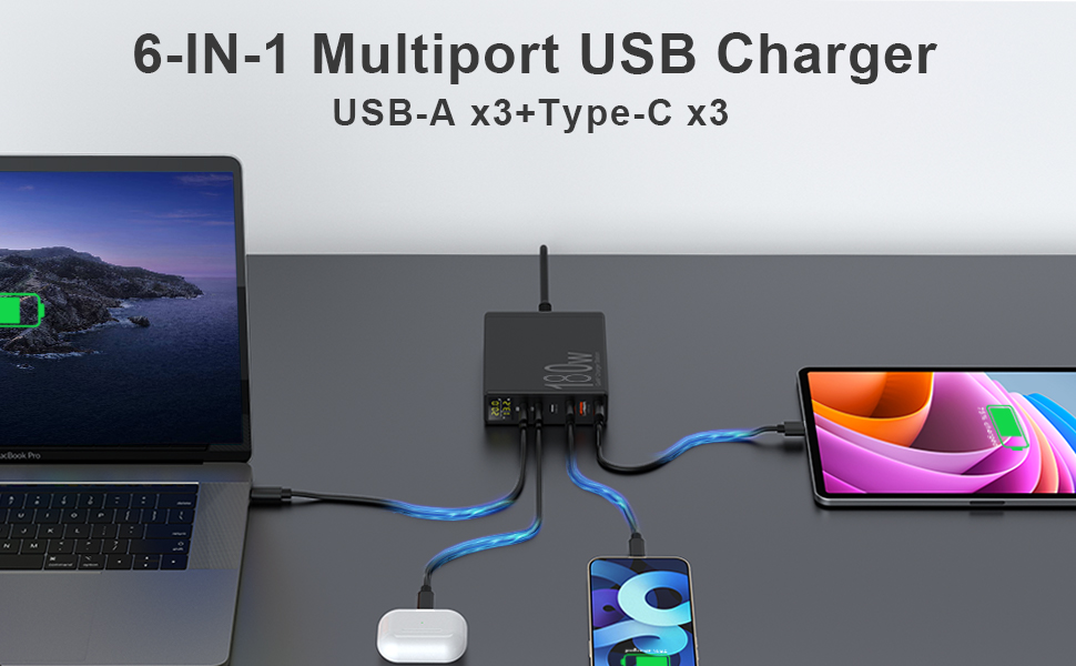 Зарядний пристрій USB 6 портів з LCD екраном, GaN швидка зарядка USB-C, сумісний з MacBook, iPad, iPhone 16/15/14/Pro/Max, Samsung Galaxy S23 (Чорний)