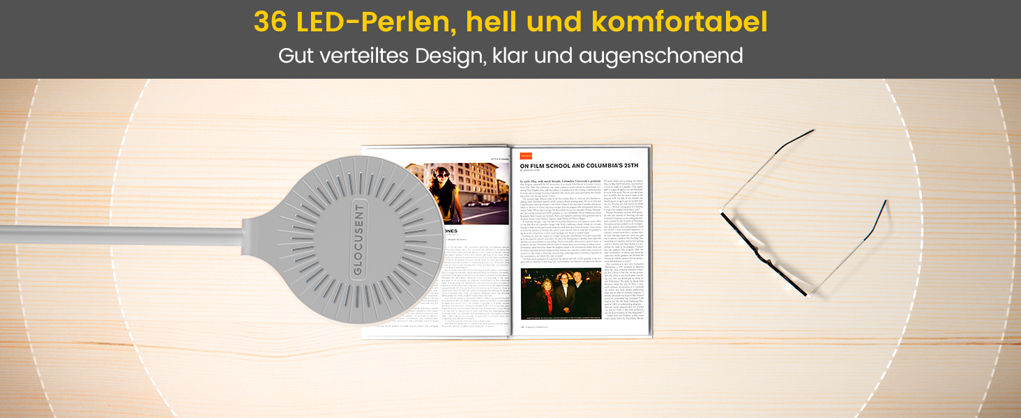 Glocusent 5W LED Лампа для читання на ліжко, кліпса, 3 кольори/5 рівнів яскравості, гнучкий тримач, CRI 90, USB зарядка (біла)