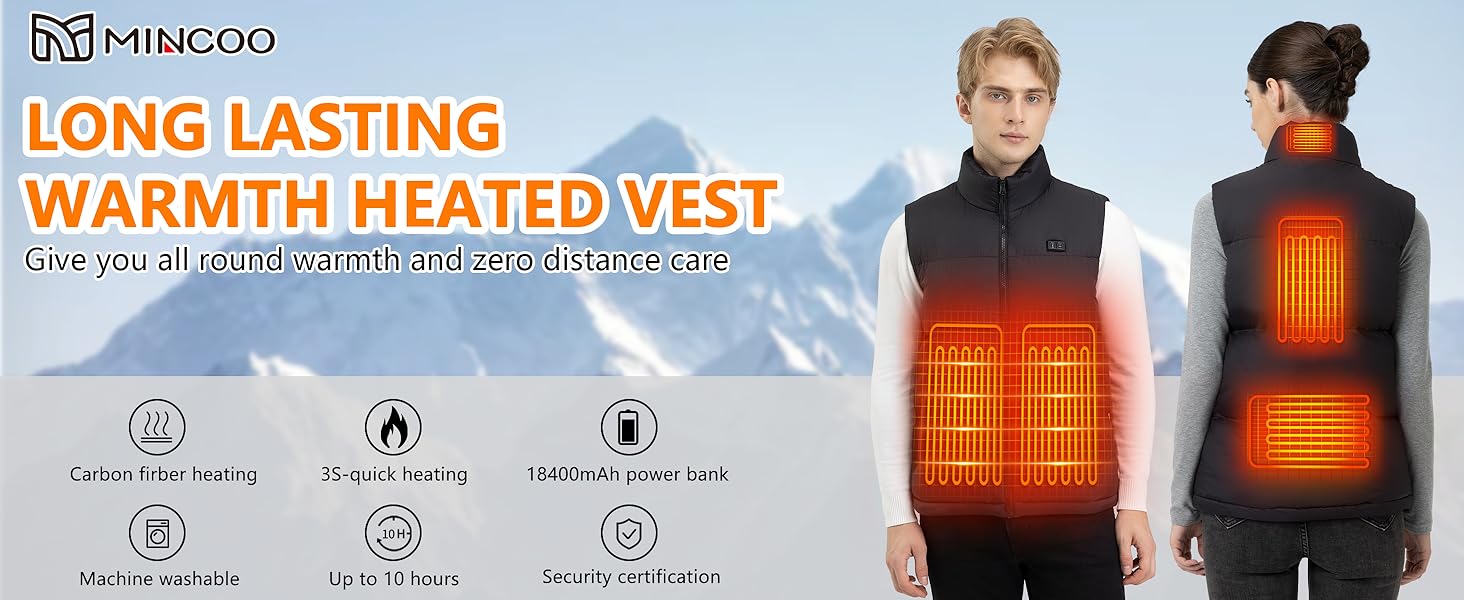 Обогрівальний жилет для чоловіків з Powerbank 7.4V 18400mAh, зимовий жилет з м'якої бавовни, 3 режими нагріву для катання на лижах, мотоциклі, полювання, риболовлі, чорний