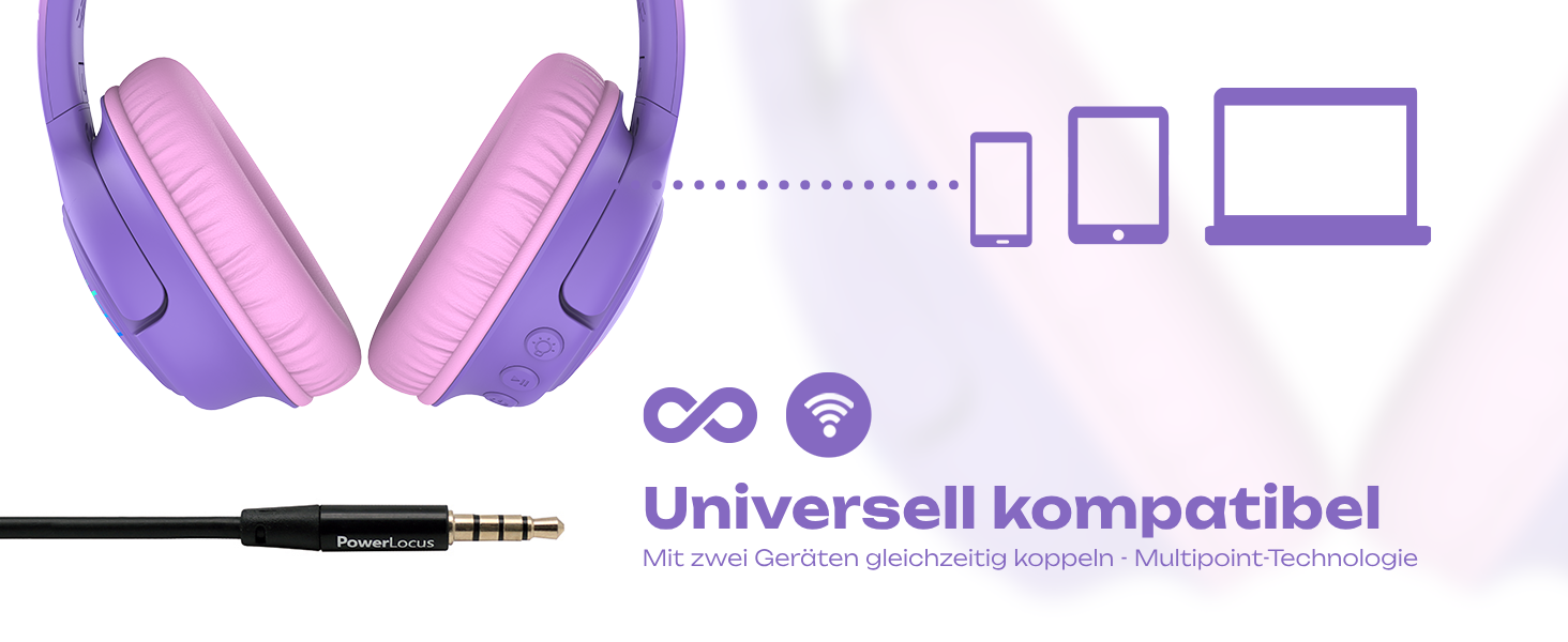 Дитячі навушники PowerLocus Bobo Bluetooth з обмеженням гучності, LED-підсвічуванням, складні, з мікрофоном (фіолетовий)