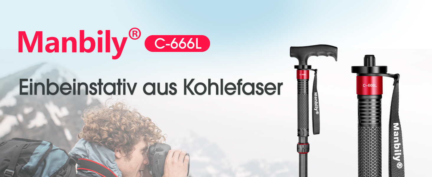 Монопод Manbily 32мм з карбону для камери: 44-174см, 6 секцій, до 15кг, з кліпсою для телефону, червоний
