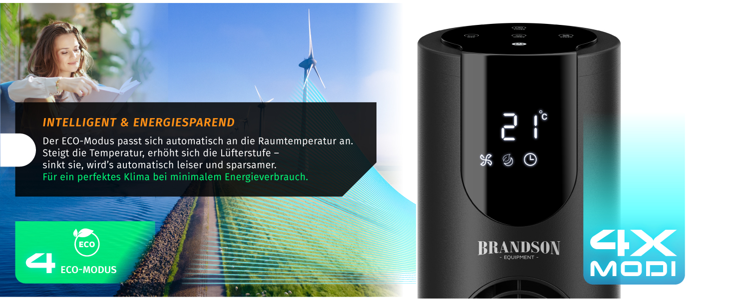 Вентилятор DC Brandson з пультом керування - тихий, 8 швидкостей, Sleep Mode, осциляція, 4 режими, дисплей, енергозберігаючий