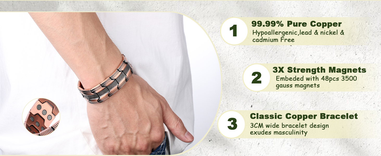 Браслет на руку чоловічий MagEnergy з міді - з 3 потужними магнітами, регульована довжина, інструмент для регулювання розміру