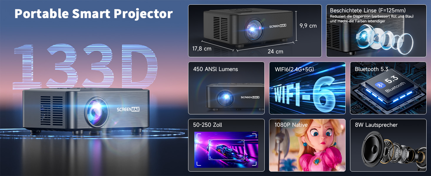 Проектор SCREENMAX для дому та вулиці, 1080P, WiFi 6, Bluetooth 5.3, 50% Zoom, HDMI/AV/Laptop/iPhone, Чорний