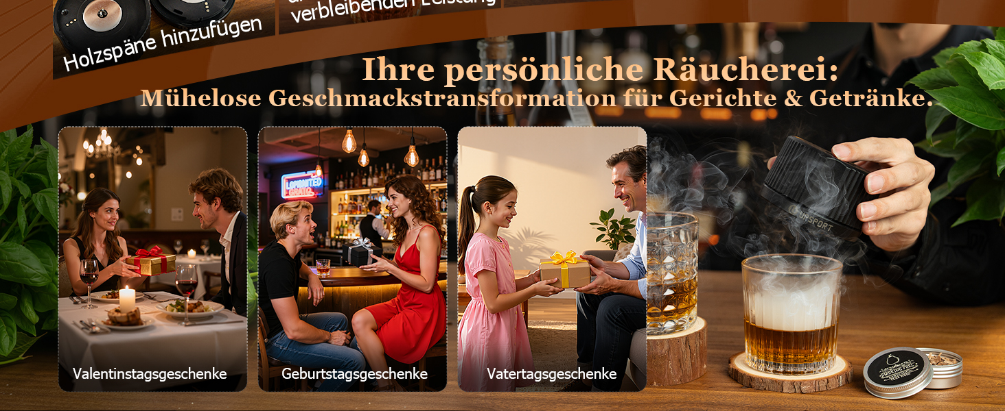 Електричний набір для копчення коктейлів з 4 режимами підсвічування, перезаряджуваний, для віскі, 6 дерев'яних стружок, без бутану, подарунок для чоловіків, батьків, коханих FY01