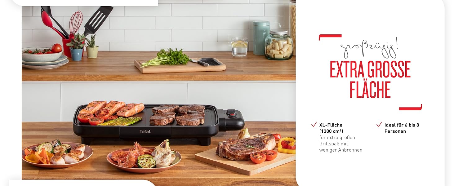 Тіфаль Plancha Booster Tischgrill: електричний гриль-стіл, 2200 Вт, велика поверхня, зона Boost, 6 температурних режимів, знімні антипригарні пластини, піддон для жиру, Thermo-Spot, чорний, CB6428