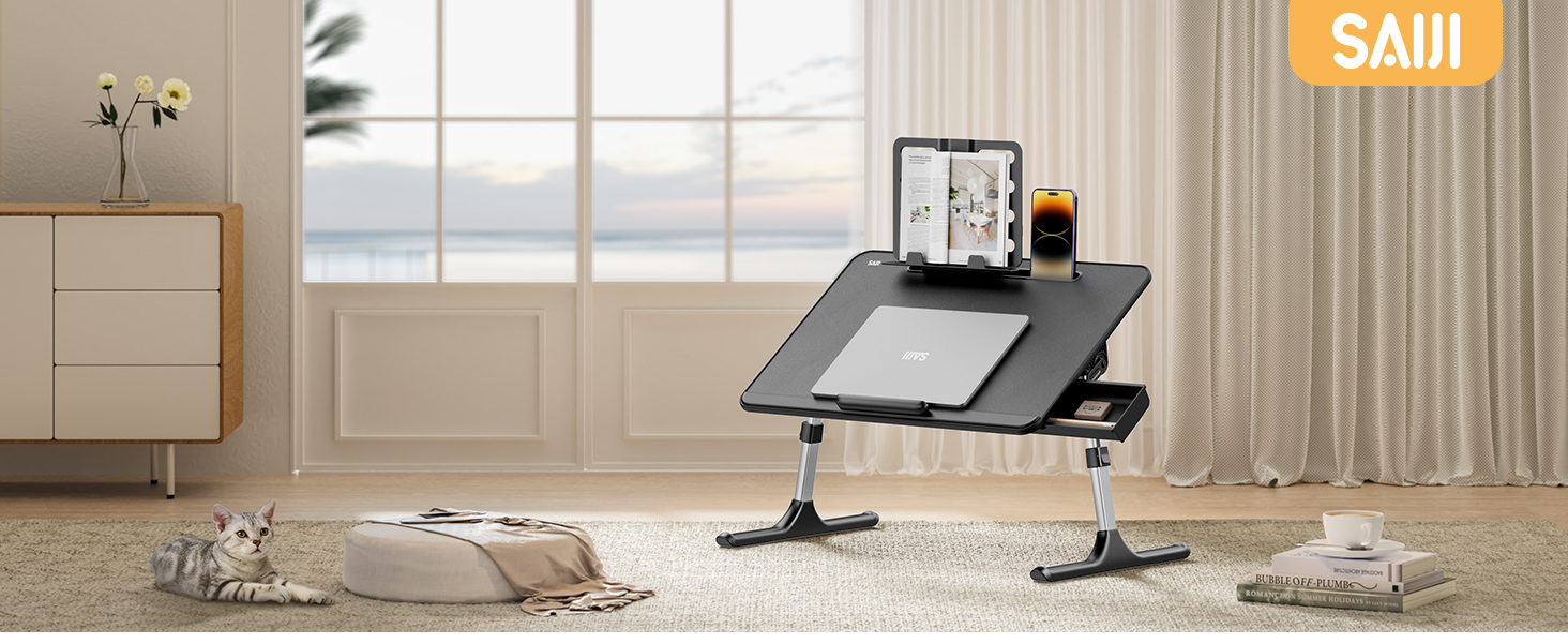 Зламаний столик SAIJI 60x40 см: регульована висота, підставка для книг, ящик, столик для ноутбука/планшета, чорний