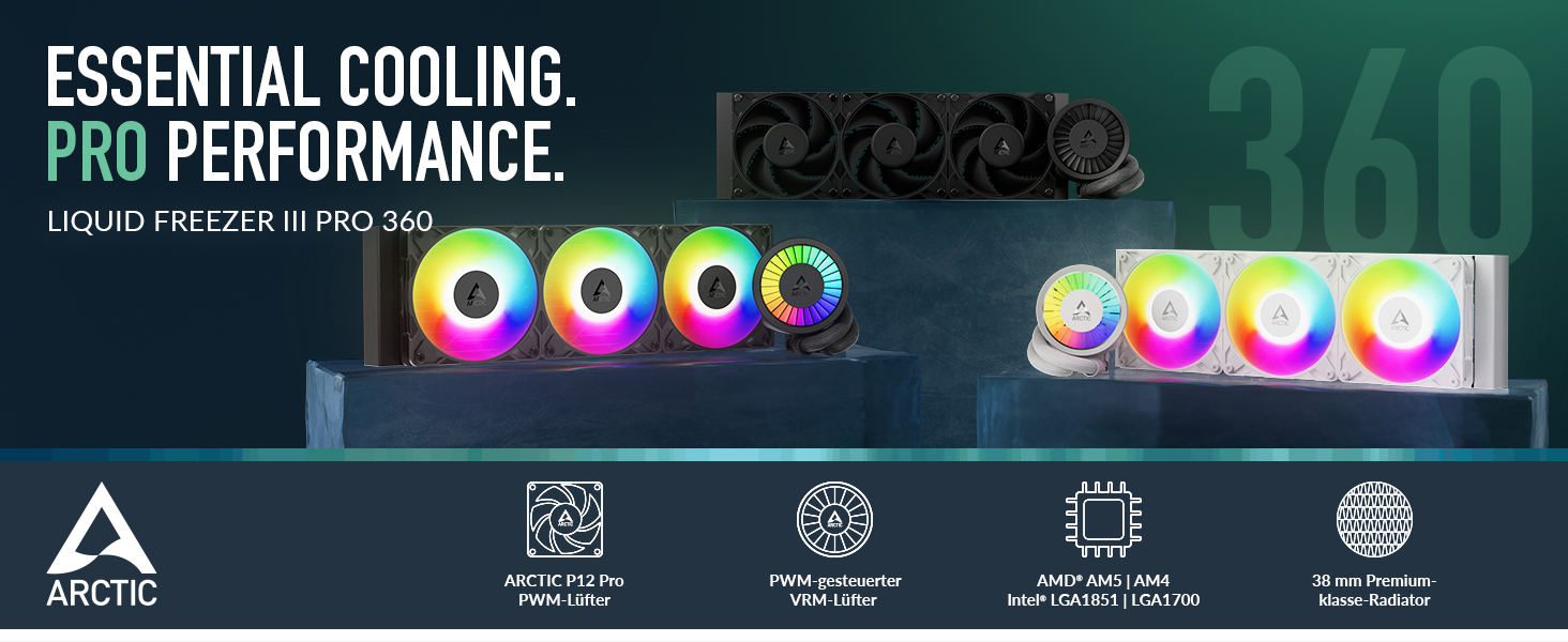 ARCTIC Liquid Freezer III Pro 360 - Світлодіодна рідинна система охолодження ПК, AIO, 3x120 мм, радіатор 38 мм, PWM-насос, вентилятор VRM, AMD AM5/AM4, Intel LGA1851/1700, чорний