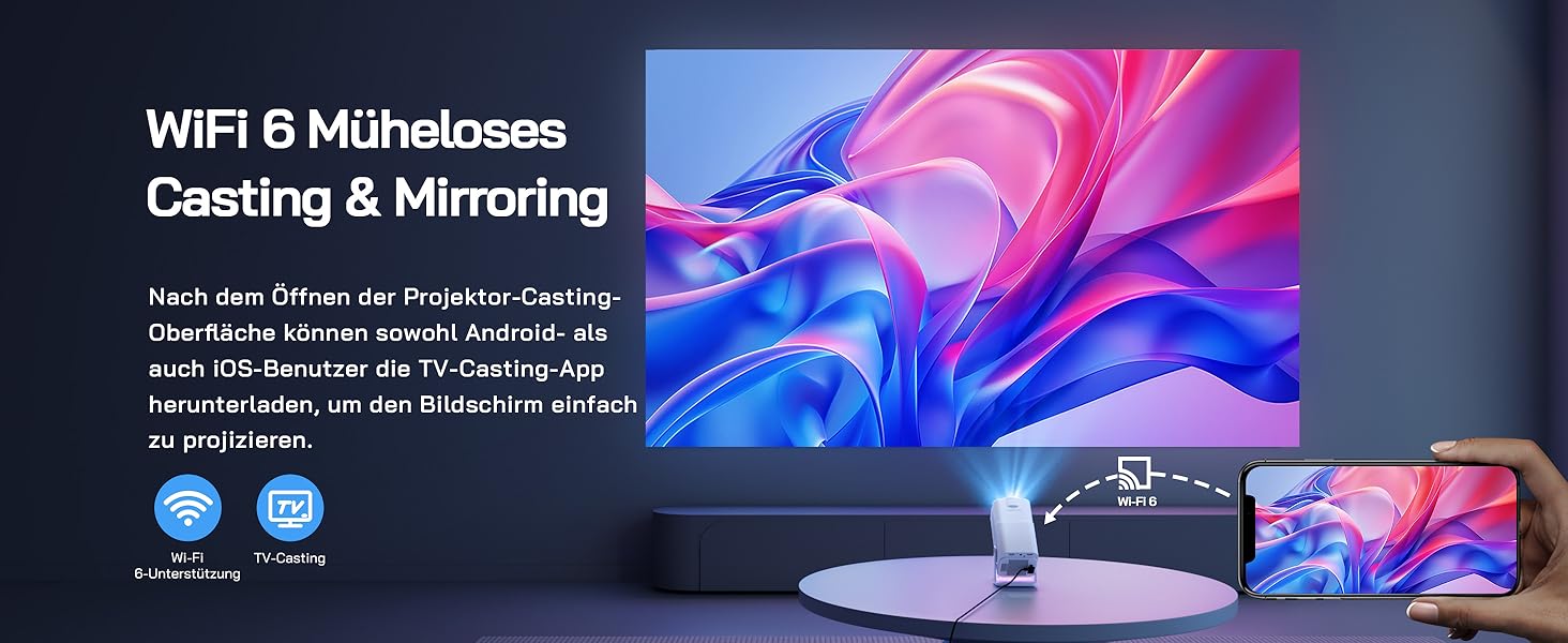 WOLFANG Міні проєктор 4K з Netflix, 26000 люмен, WiFi 6, Smart, 50% Zoom, корекція трапеції, 180° поворот, сумісний з TV Stick/iOS/Android/PC/PS5/HDMI/AV