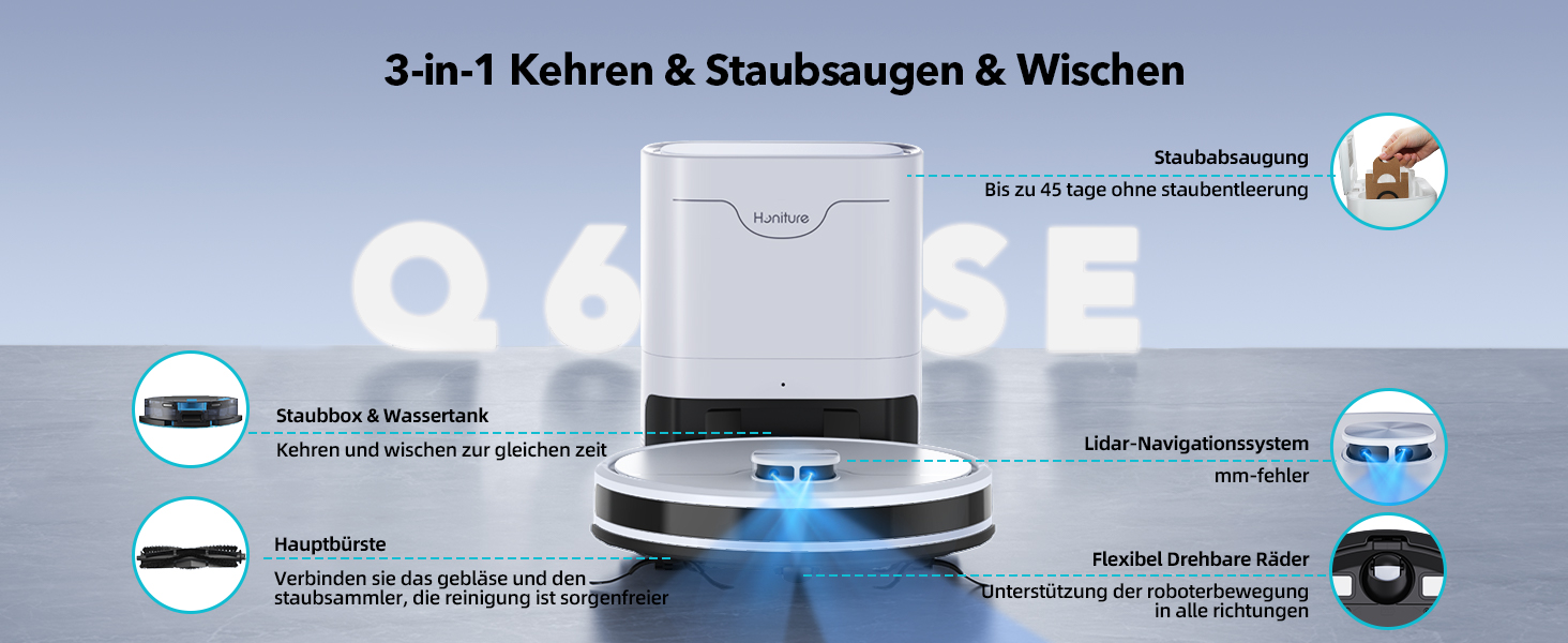 Робот-пилосос HONITURE Q6 SE з вологою тканиною, станція самостійного очищення, потужність 5000Pa, навігація LiDAR, мапірування, керування через додаток, сумісність з Alexa, для шерсті тварин та килимів, час роботи до 200 хвилин, білий