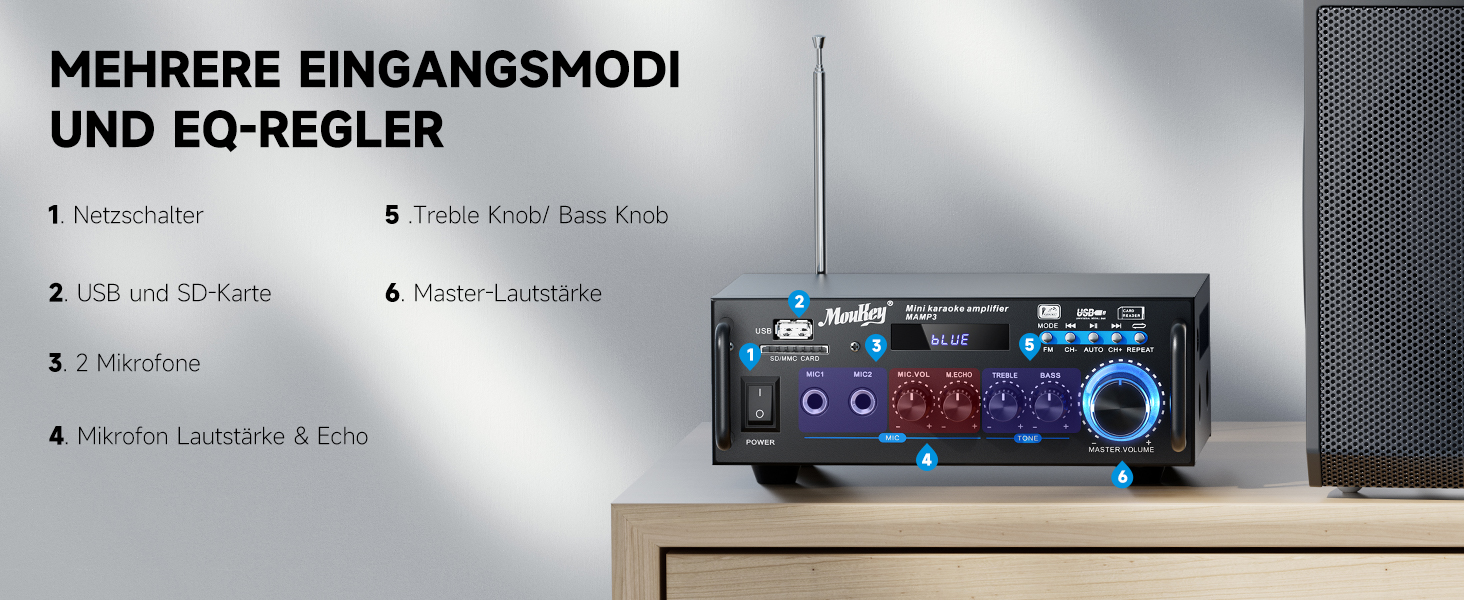 Стерео Bluetooth караоке підсилювач Moukey 2.0 каналів, 100Вт, Hi-Fi, RCA, USB, SD, 2 мікрофонні входи, FM-радіо для авто та дому