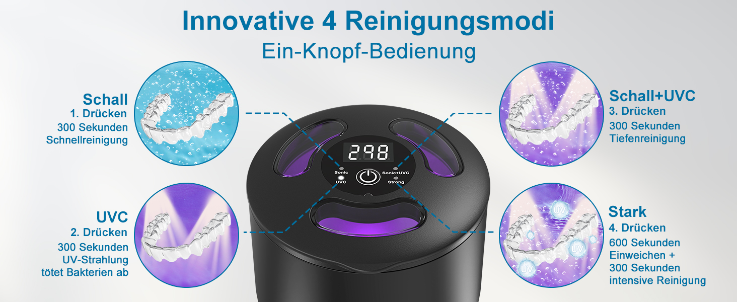 Ультразвуковий очищувач для кап, брекетів та елайнерів з УФ-стерилізацією 45 кГц, 4 режими, 200 мл, чорний