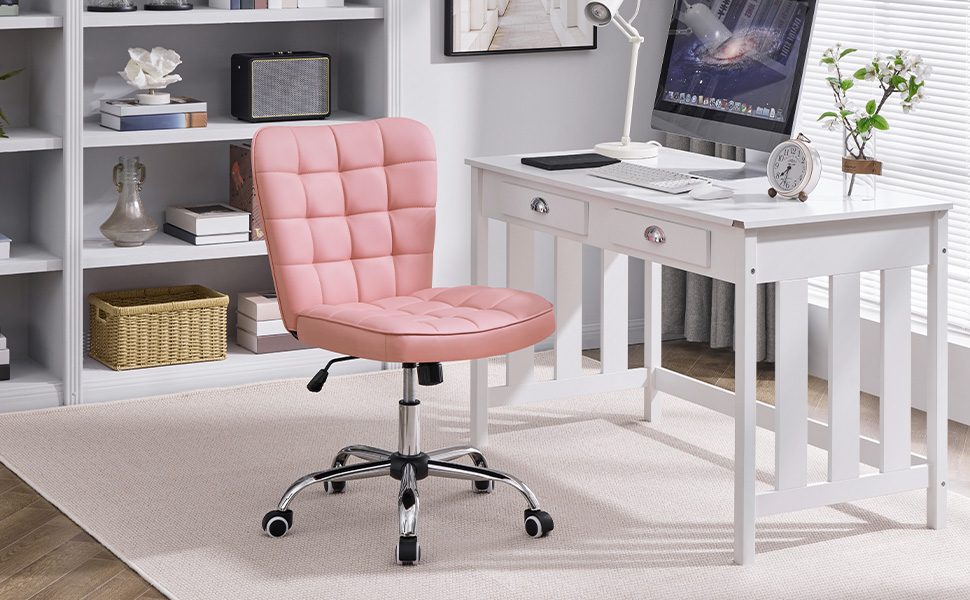 Крісло для дому та офісу Yaheetech, обертове, регульоване по висоті, без підлокітників, на коліщатках, з м'яким сидінням, штучна шкіра, рожеве