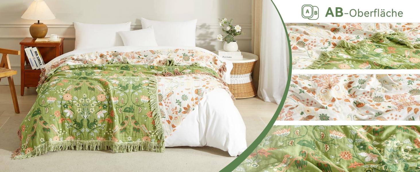 Покривало Bailix Premium Boho з 100% бавовни муслін, двосторонній плед з китицями для дивана та ліжка, 200x230 см, колір волого-зелений