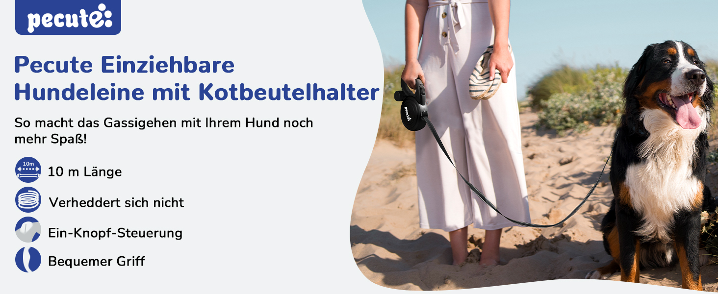 Рулетка для собак Pecute 10м, чорна, до 50 кг, антизаплутування, швидке гальмування