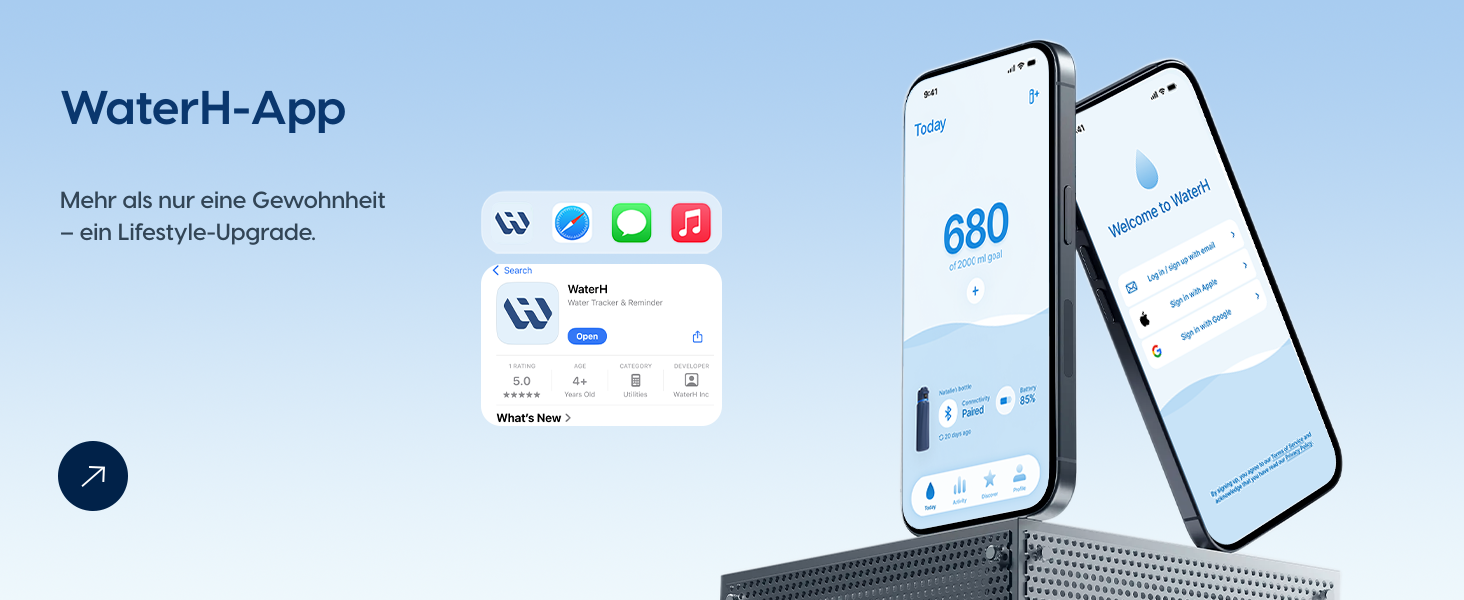 Розумна пляшка для води WATERH Boost з нагадуванням та трекером, 946 мл, нержавіюча сталь, блакитна