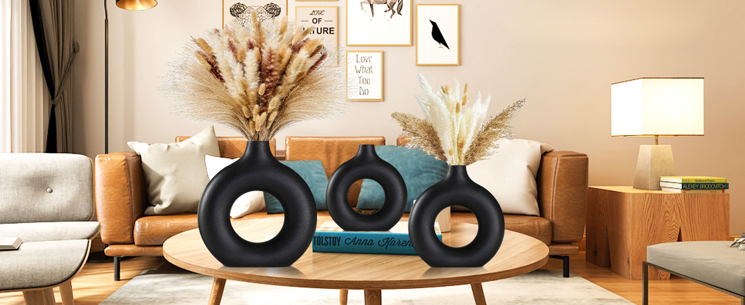 Набір ваз для квітів - 2 шт. з кераміки, білі, для декору будинку, сухоцвітів, Pampas grass, подарунок, малі та середні розміри (чорний)